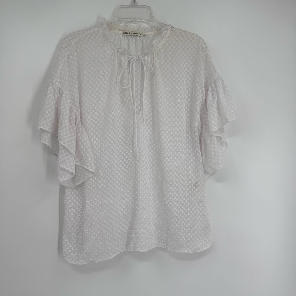 Alice + Olivia Semisheer Blouse Size L Julius White Ruffle Sleeve Clip Dot - Picture 7 of 7
